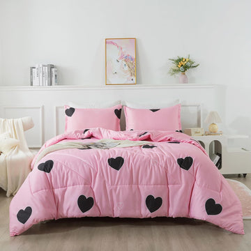 Girls Pink Comforter Set - Blush Pink Cute Love Heart Print Comforter Bedding Set for All Seasons, Geometric