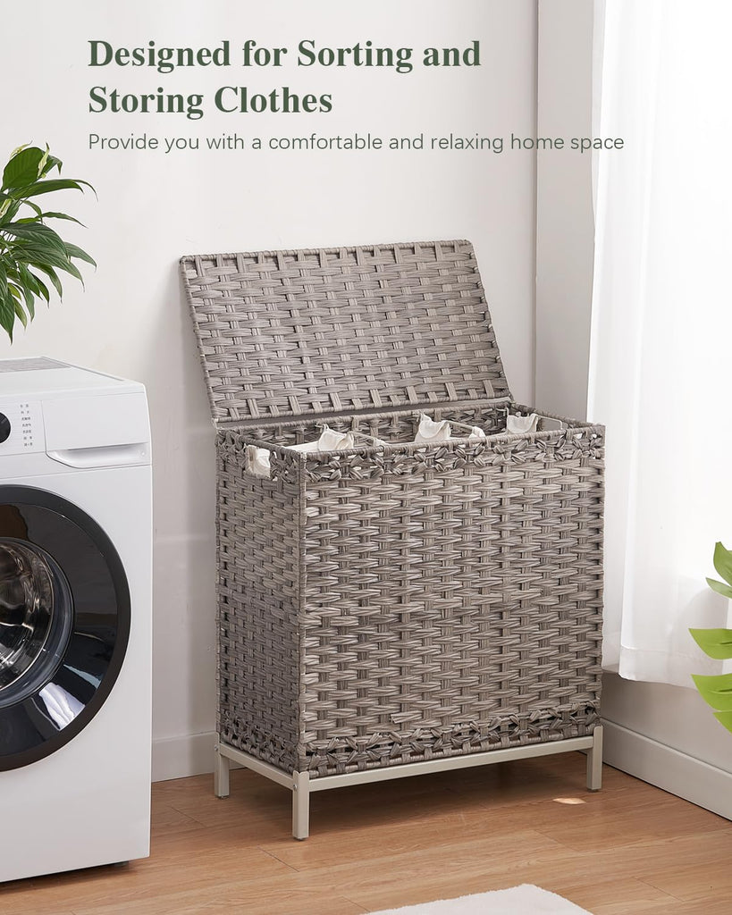 Laundry Hamper with Lid, 35 Gal 3-Bag Clothes Sorter, Gray
