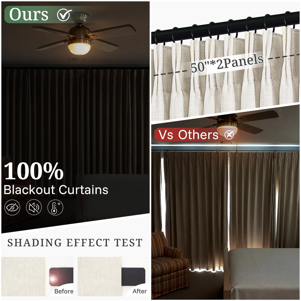 Pinch Pleated Linen Curtains Blackout 96 Inches Long 2 Panels Set for Living/Bedroom Darkening Viral Thermal Memory
