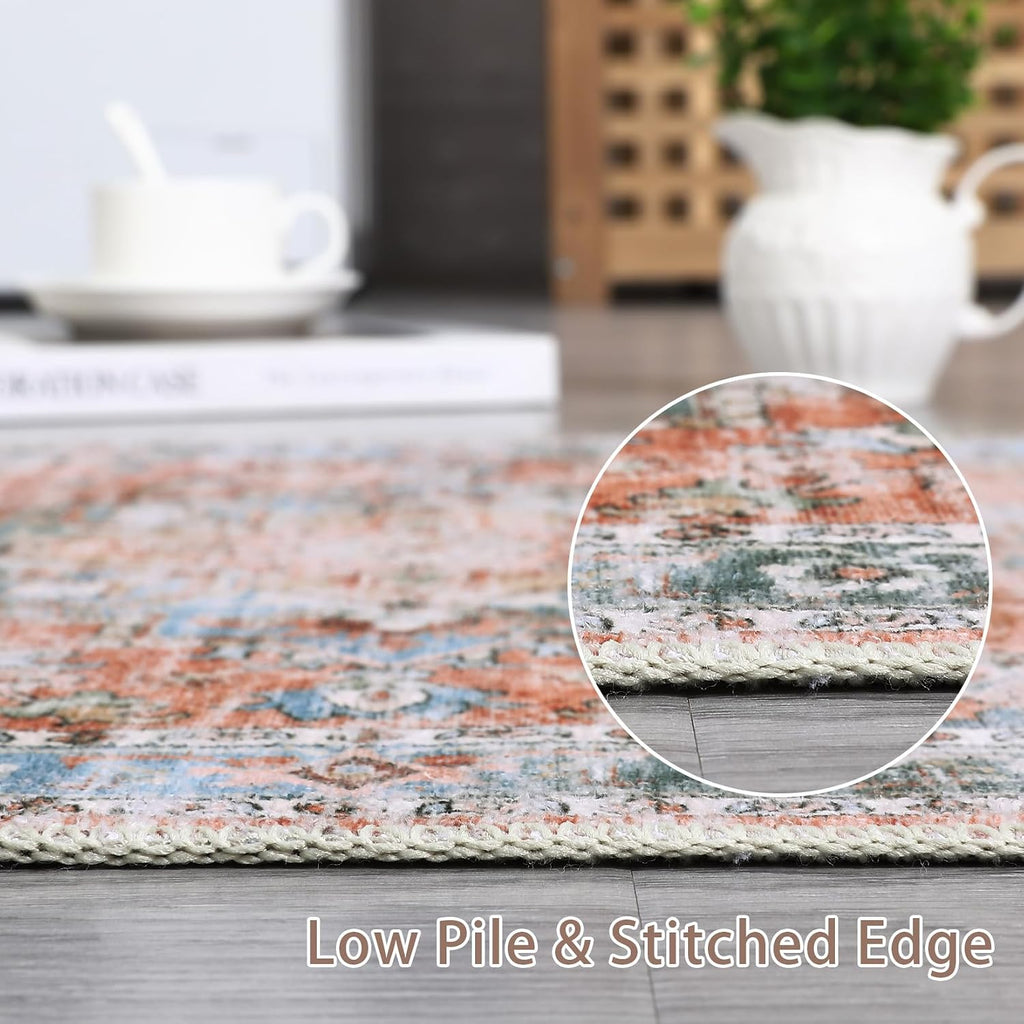 Machine Washable Area Rug 5x7 Vintage Distressed Area Rug Bedroom Traditional Medallion Floral Non-Slip Stain