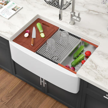 33 Inch White Farmhouse Sink Workstation - White Curved Apron Front Fireclay Farm Sink Large Deep Ceramic Single Bowl
