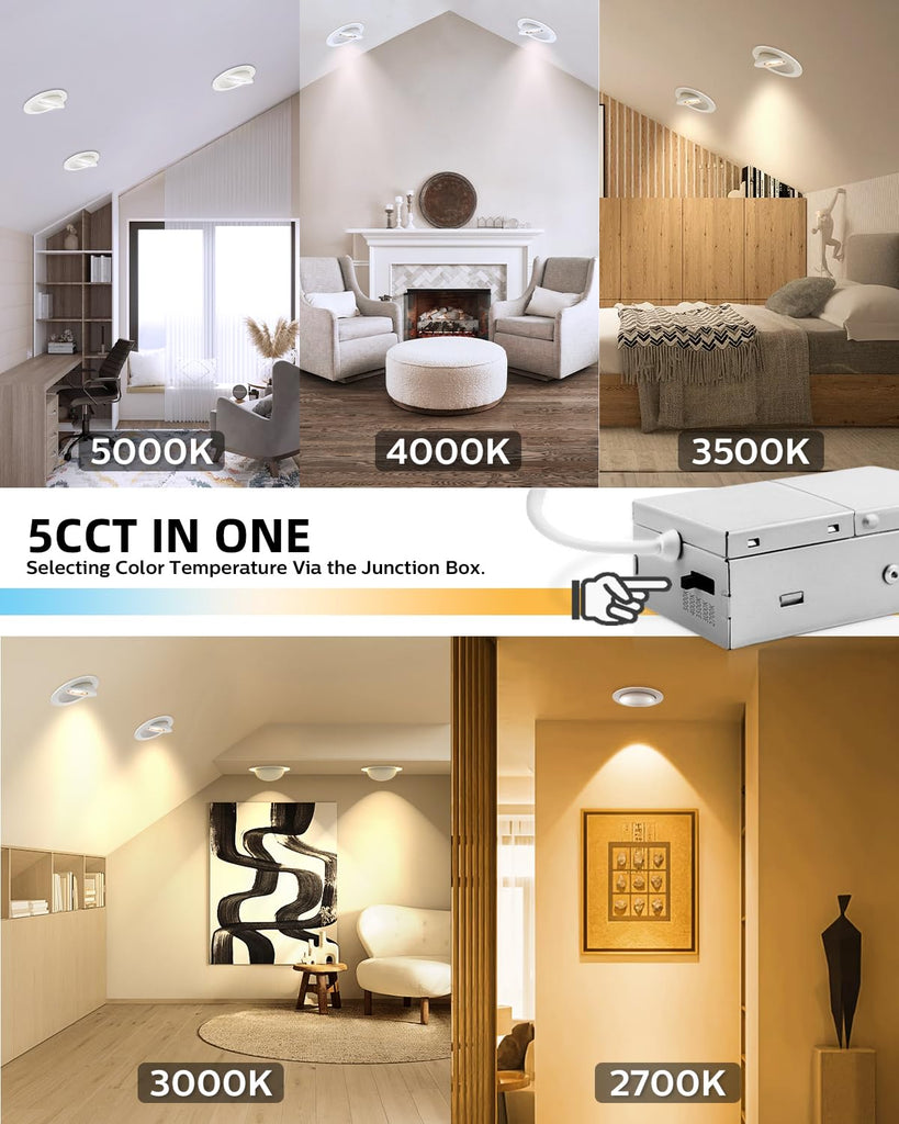 6 Pack 4 inch 5CCT Eyeball Gimbal LED Recessed Lights, 10W=95W