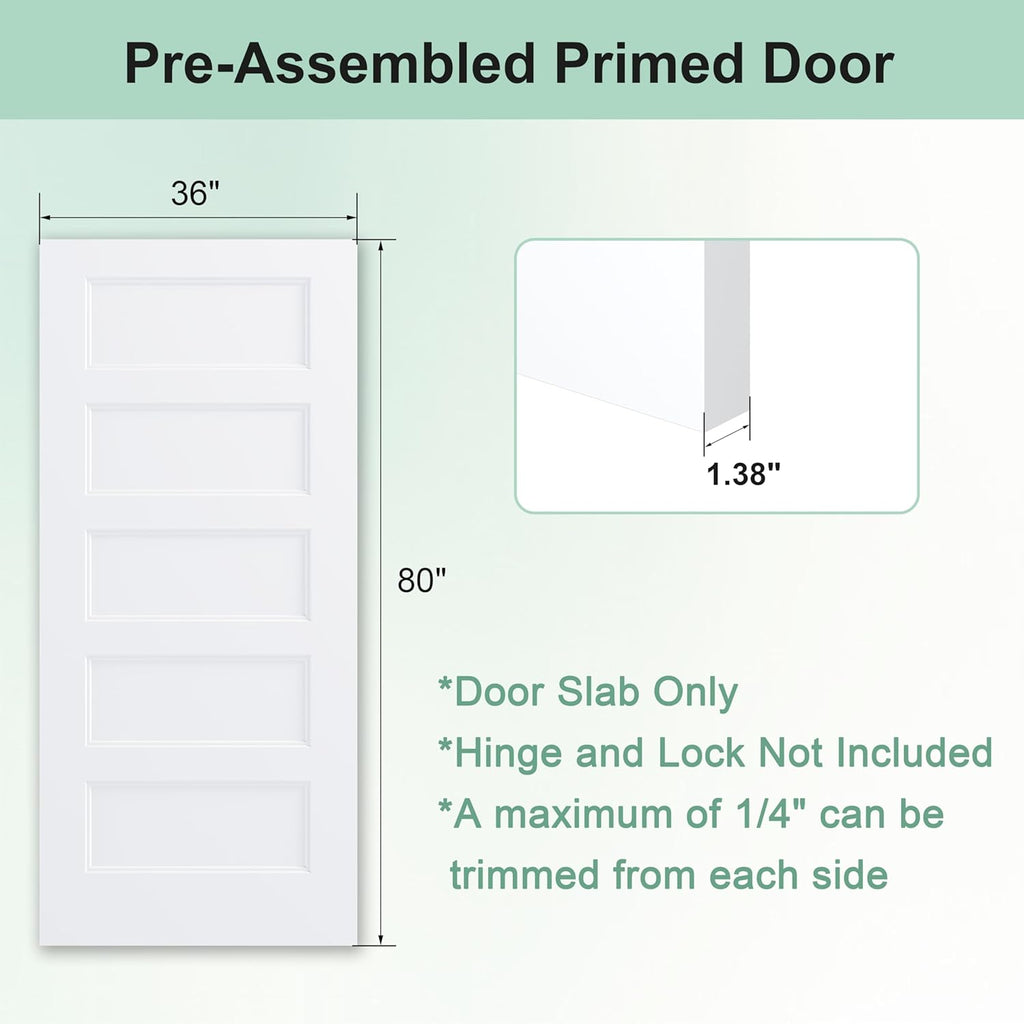 36"x80" 5-Panel Shaker Style White Primed Hollow Core Interior Molded Door Slab, NOT Pre-drilled and NOT Included