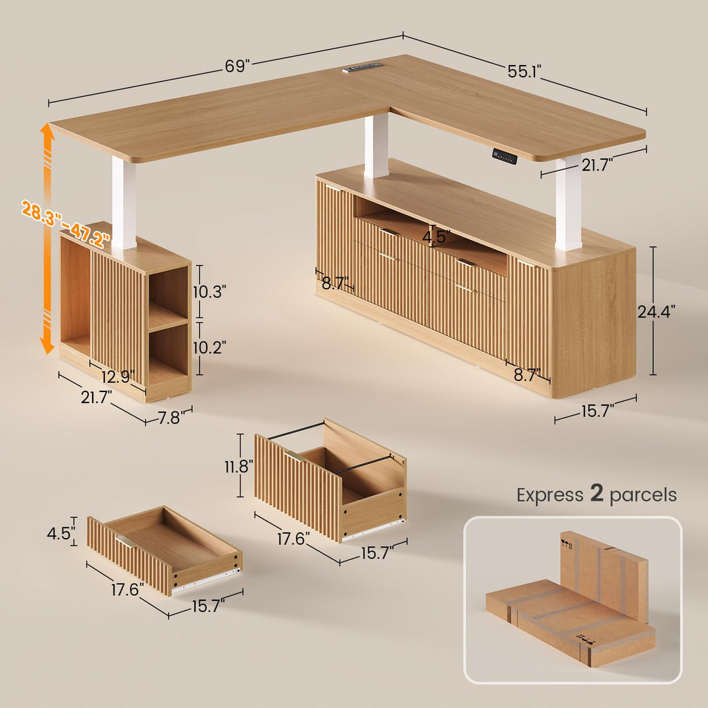 Fluted L Shaped Executive Electric Standing Desk with 4 Drawers