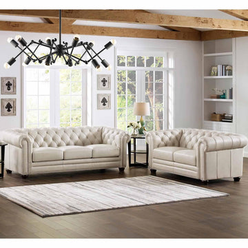 Aliso Top Grain Leather Sofa and Loveseat Set, Vanilla, Feather Down, Memory Foam and Springs Seating