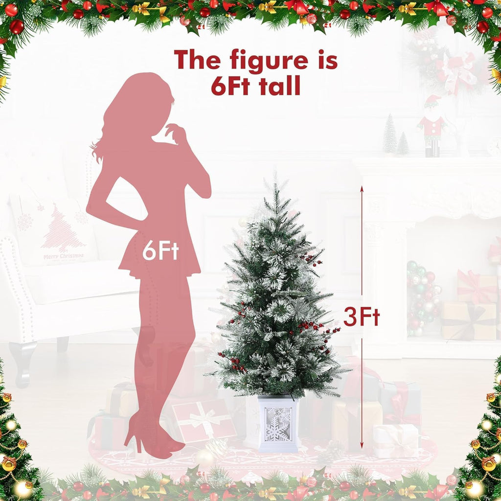 3Ft Pre-Lit Holiday Christmas Tree with Snowflake Base, Artificial Christmas Tree with Timer Function and 78 Led