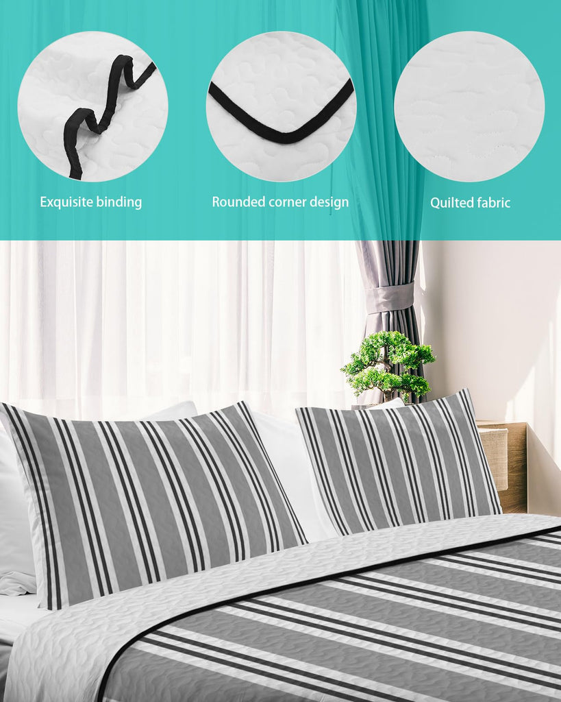 Gray Black and White Stripe Pattern Quilt Set 3 Pieces Quilted Bedspread- Soft, Neutral Ticking Stripe