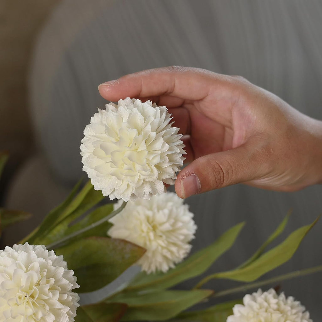 6 Pcs 27" Faux Silk Pompon Mum Artificial Flowers for Vase(Cream) | Bulk Fake Chrysanth Branches with Stems, for DIY