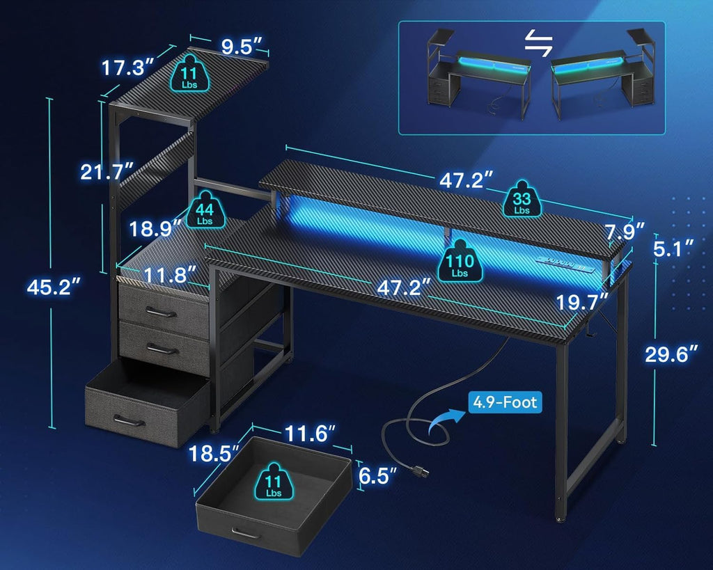 59 Inch Gaming Desk with USB Charging Ports & LED Light - Reversible Computer Desk with 3 Fabric Drawers, Monitor