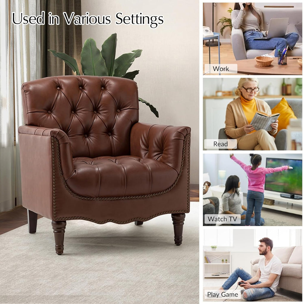Mid Century Modern Genuine Leather Accent Chair, Brown