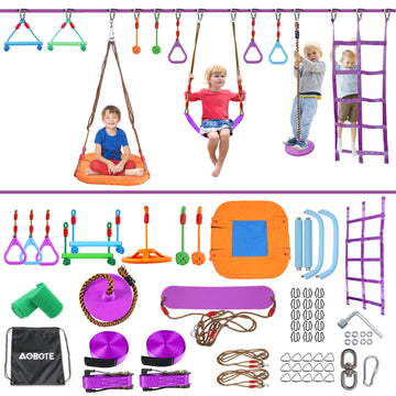 Ninja Warrior Obstacle Course for Kids, 2x56ft Slackline with 12 Accessories, Saucer Swing with 360 Degree Rotating