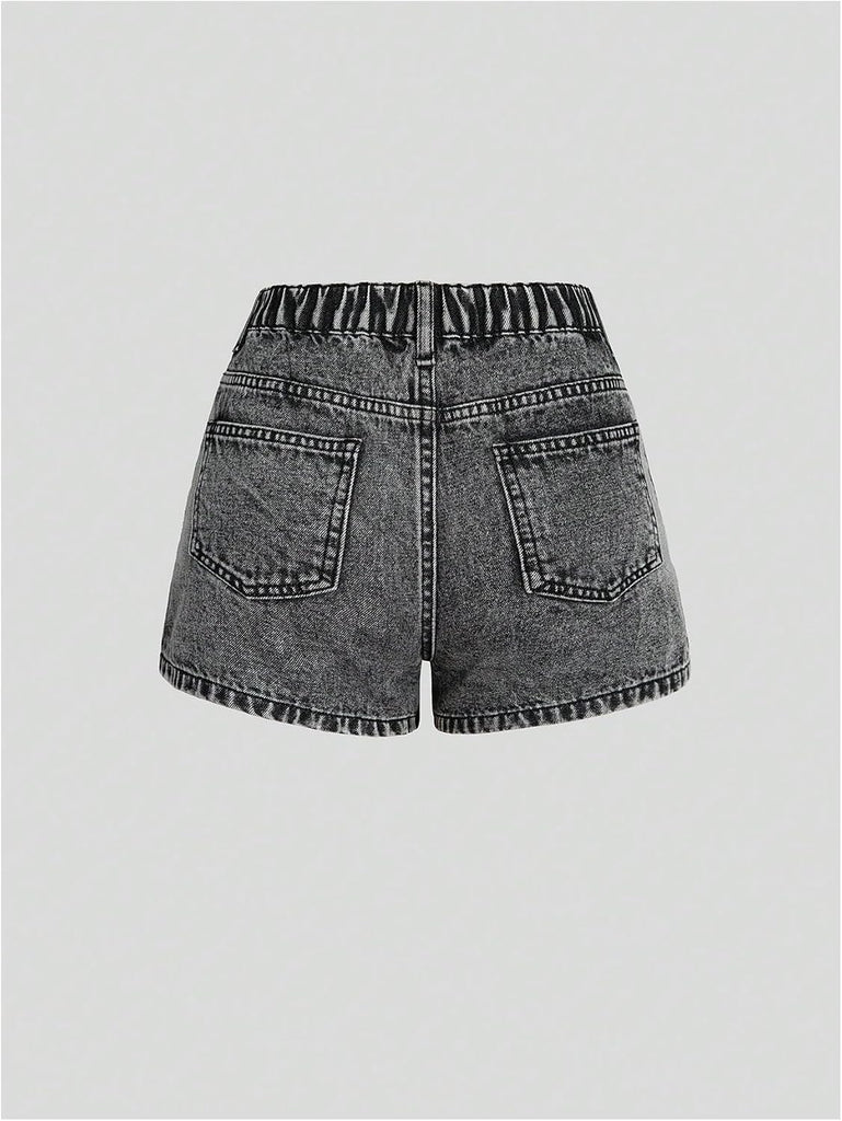 Girl's Button Jean Shorts Star Patched Denim Shorts with Pockets