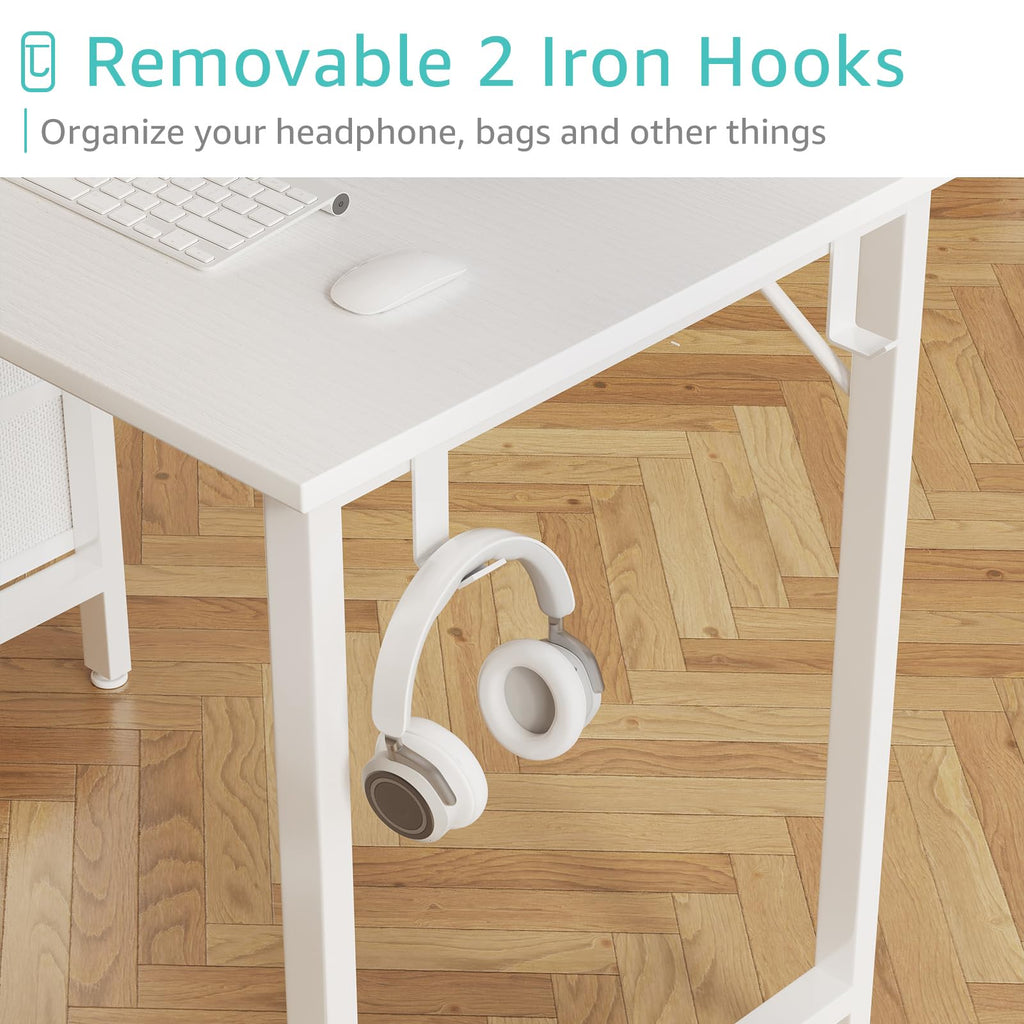 White Computer Desk with Drawers, 47 Inch Reversible Study Work Writing Desk Bedroom, Simple Modern Cute PC Desks