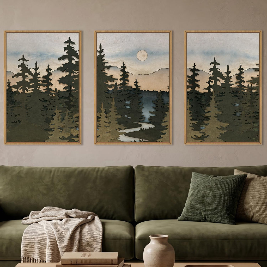Large Boho Mountain Forest Pine Tree Framed Wall Art Set -24"x36"x3