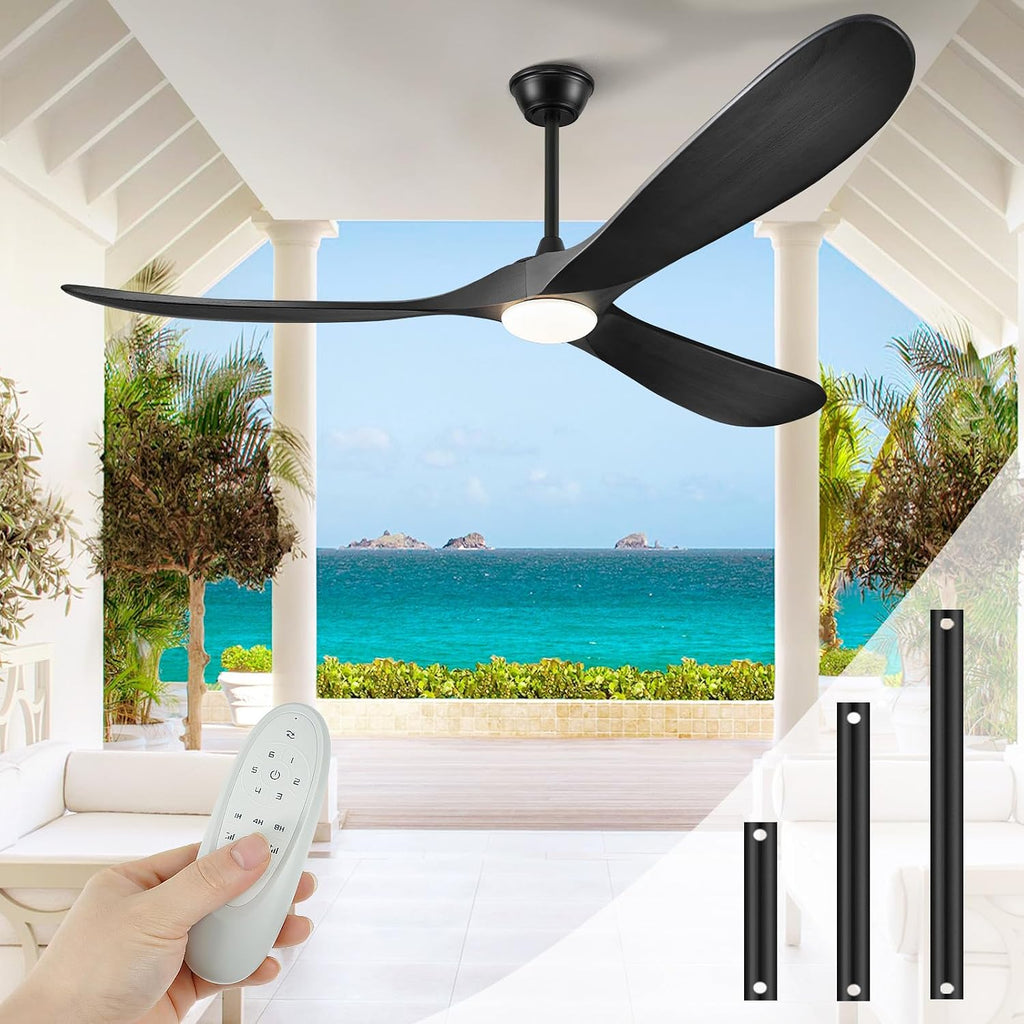 Inspired Maverick Style 52" Wood Ceiling Fan with Light and Remote, 3 Matte Black Blades, Reversible DC Motor, Indoor/Outdoor - Matte Black