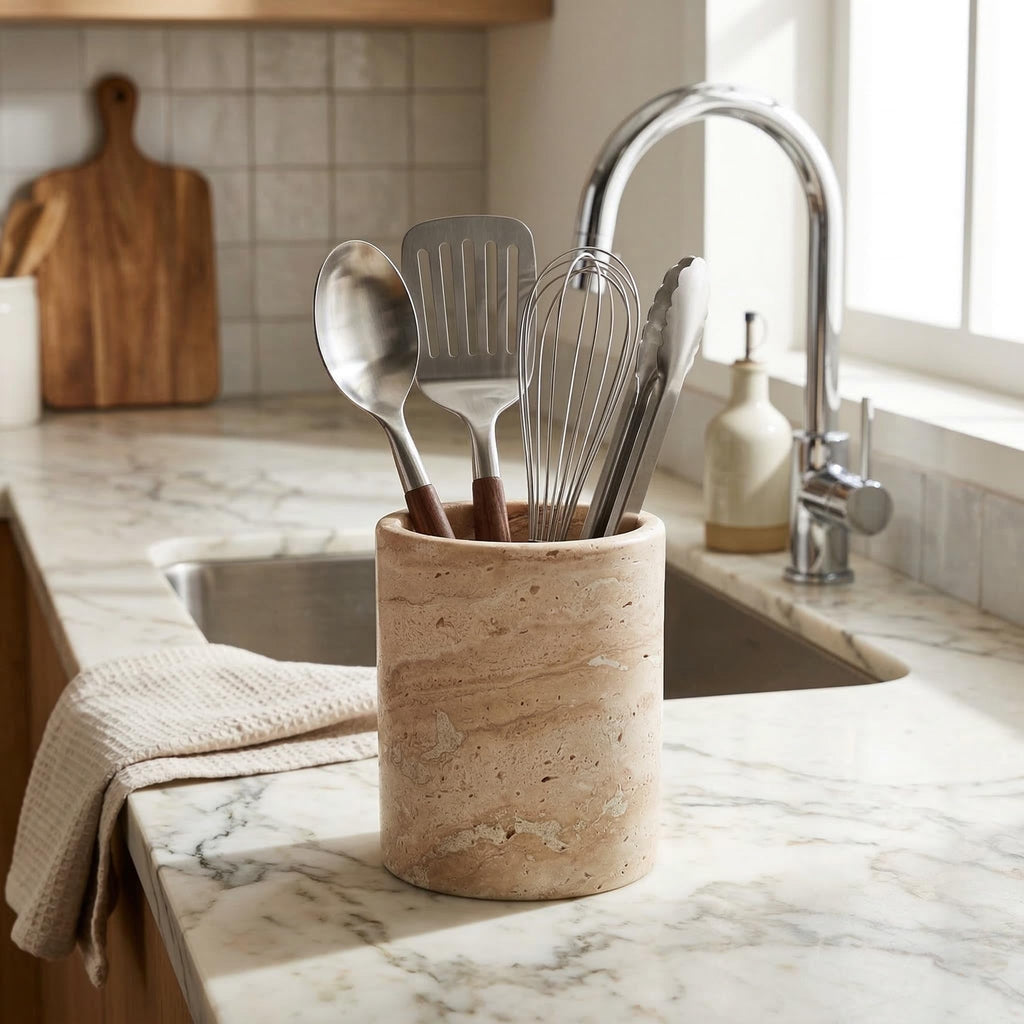 Natural Travertine Utensil Holder Countertop - Heavy & Stable Real Stone Utensil Crock, Large Spoon & Spatula