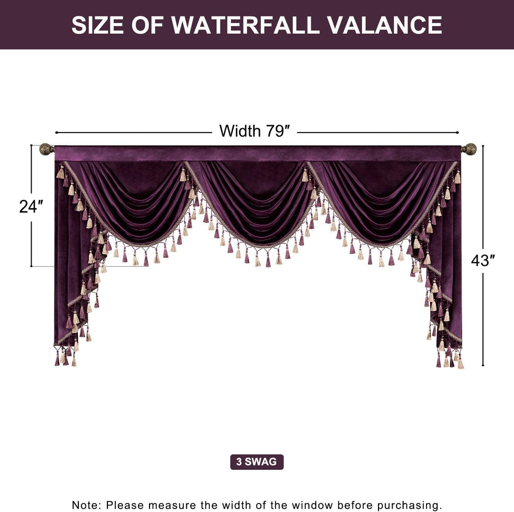 Luxury Vintage Style Velvet Valances, 79 Inches Wide Soft Touch Waterfall Valance, Decorative Swag Curtain Panels for