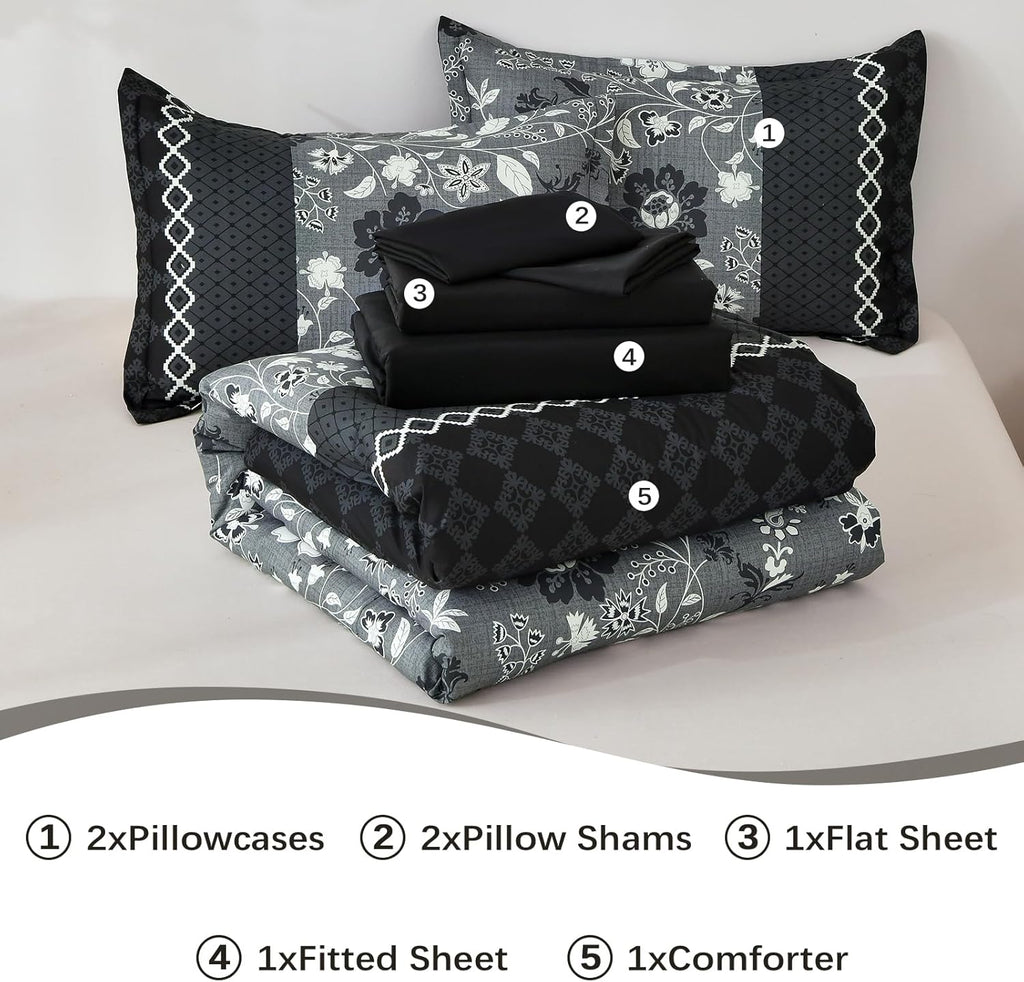 Black Comforter Set Queen, 7 Pieces Bed in a Bag Floral Geometric Patchwork Soft Microfiber Comforter Bedding Set with