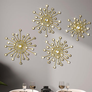 4 Pcs Gold Wall Decor Starburst Metal Wall Art with 3D Rhinestone