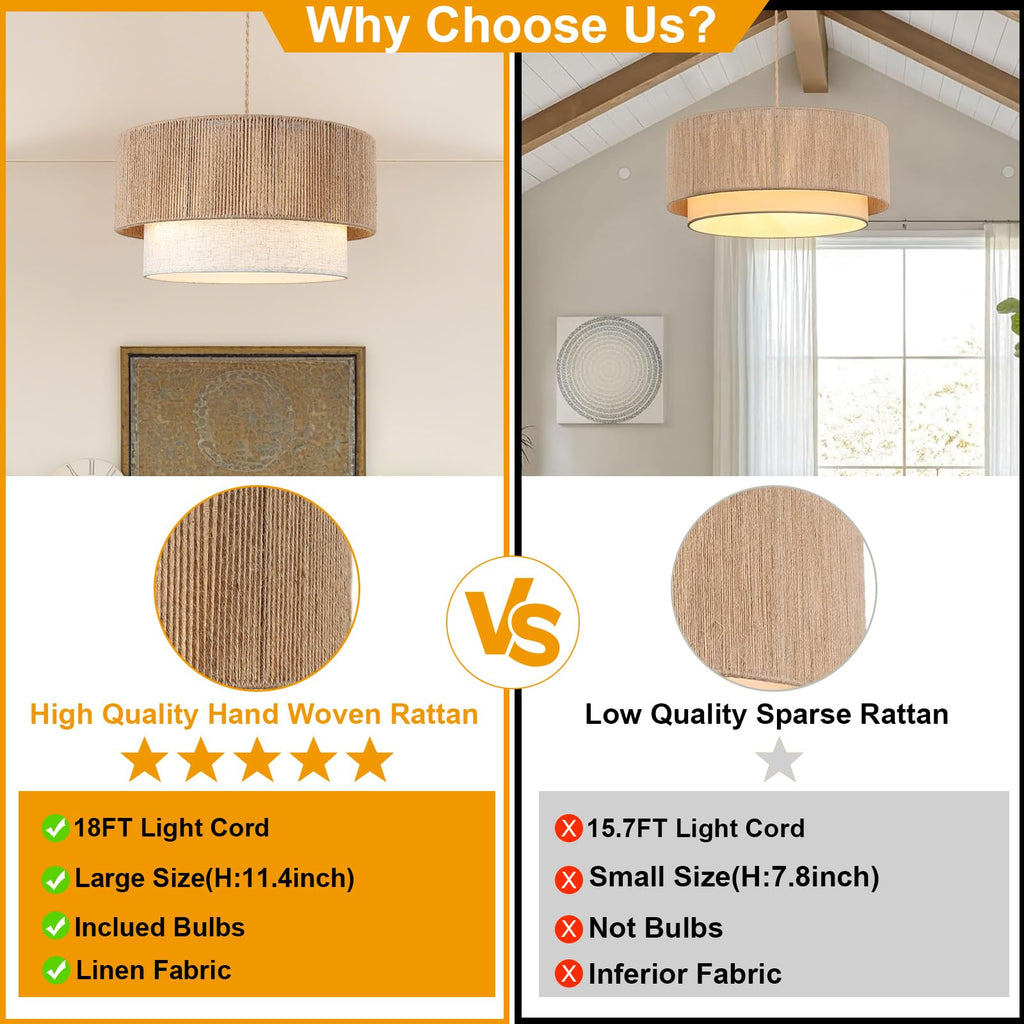 Plug in Pendant Light, 18" Rattan Plug in Chandelier with 18FT Light Cord, Plug in Boho Hanging Pendant Light Living