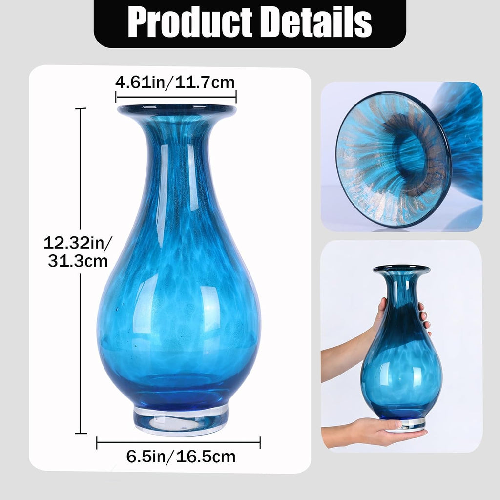 Glass Vase, Hand Blown Wide Mouth Art Glass Vase, Murano Style Decorative Flower Vase Decor, Mantel, Dining Table