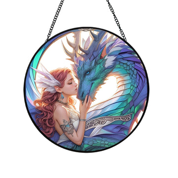 Dragon Fairy Stained Glass Window Hanging, 7.87" Fantasy Suncatcher for Windows with Chain, Fantasy Glass Sun Catcher