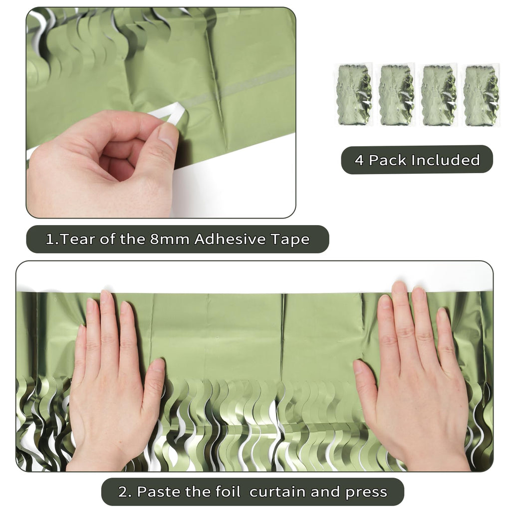 4 Pack Wavy Olive Green Streamers Backdrop Jungle Party Decorations - 3.3x6.6ft Foil Fringe Curtains Photo Booth for