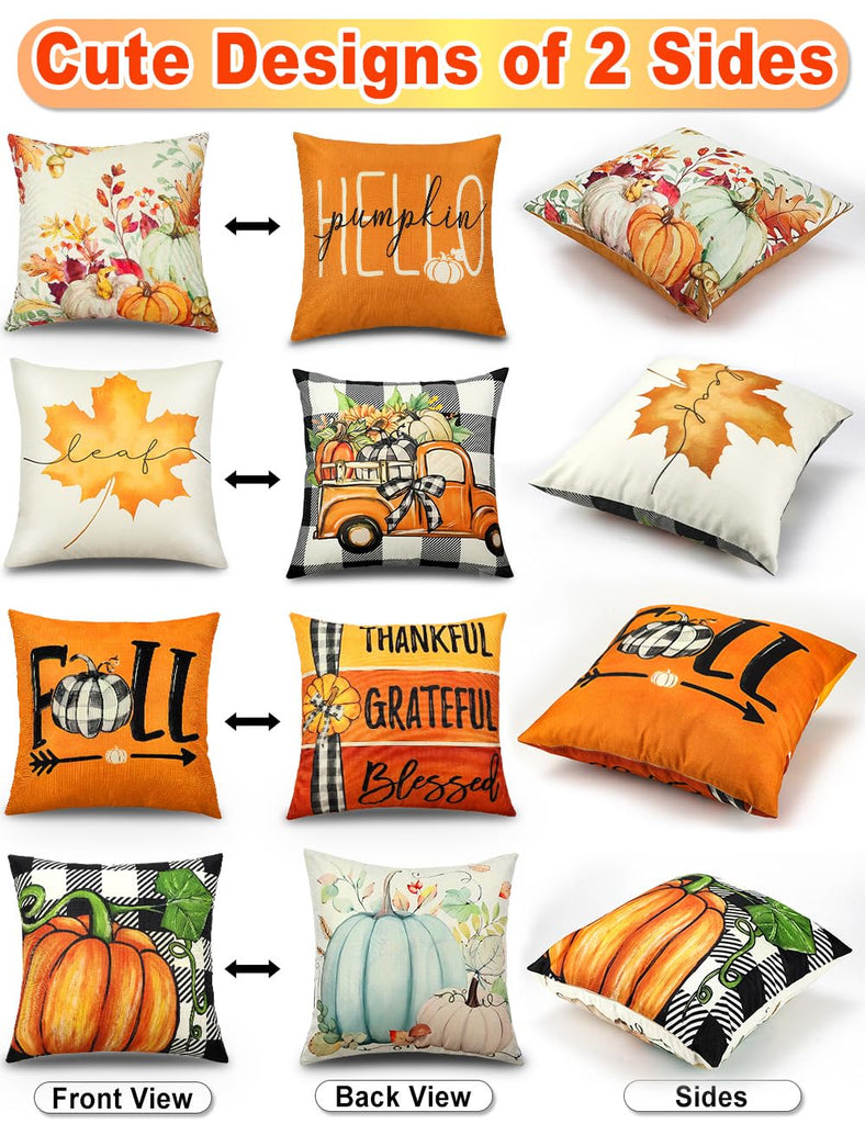 Fall Pillow Covers 18x18 4Pcs Double‐Sided Print Autumn Home Decor