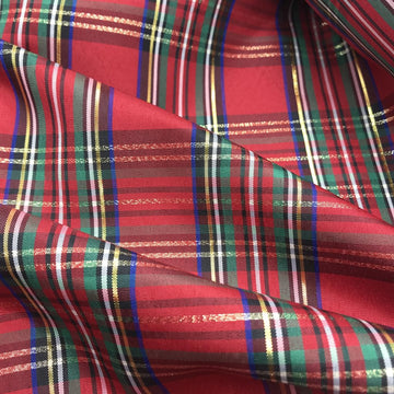 72x57 Inch Red & Green Lurex Tartan Plaid Taffeta Fabric with Metallic Gold