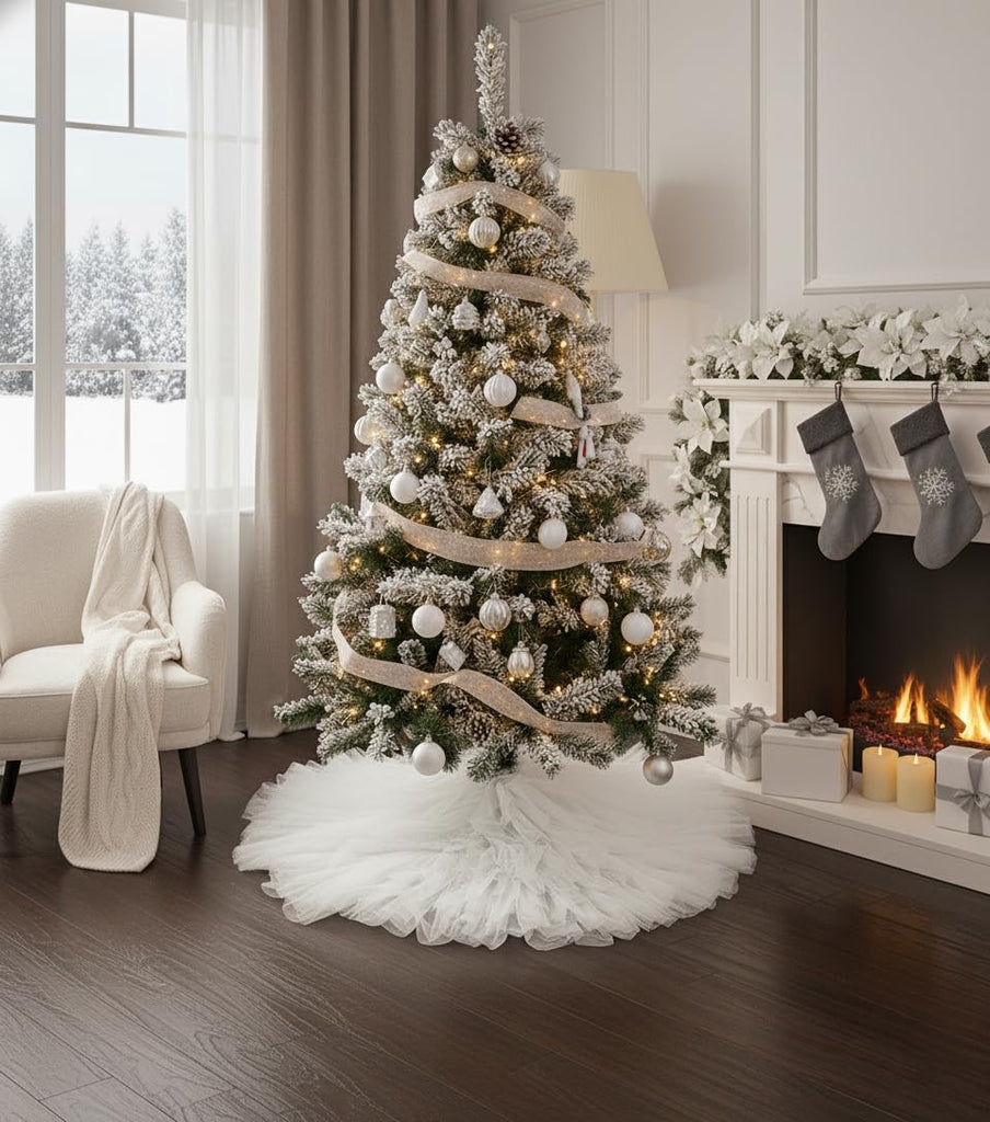 60 Inch Fluffy Tulle Christmas Tree Skirt Vintage and Elegant Design Perfect Decorations White