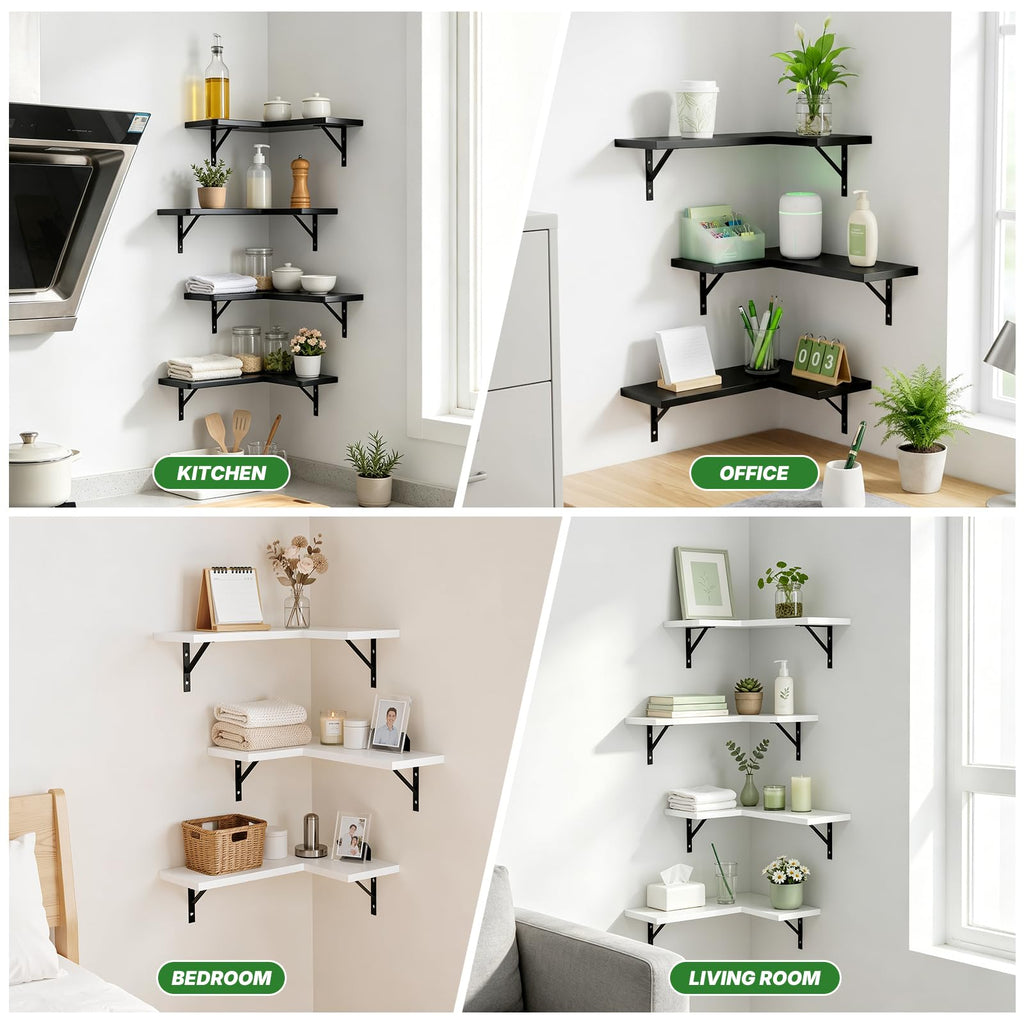 Corner Floating Shelves Wall Mounted, White, Set of 4