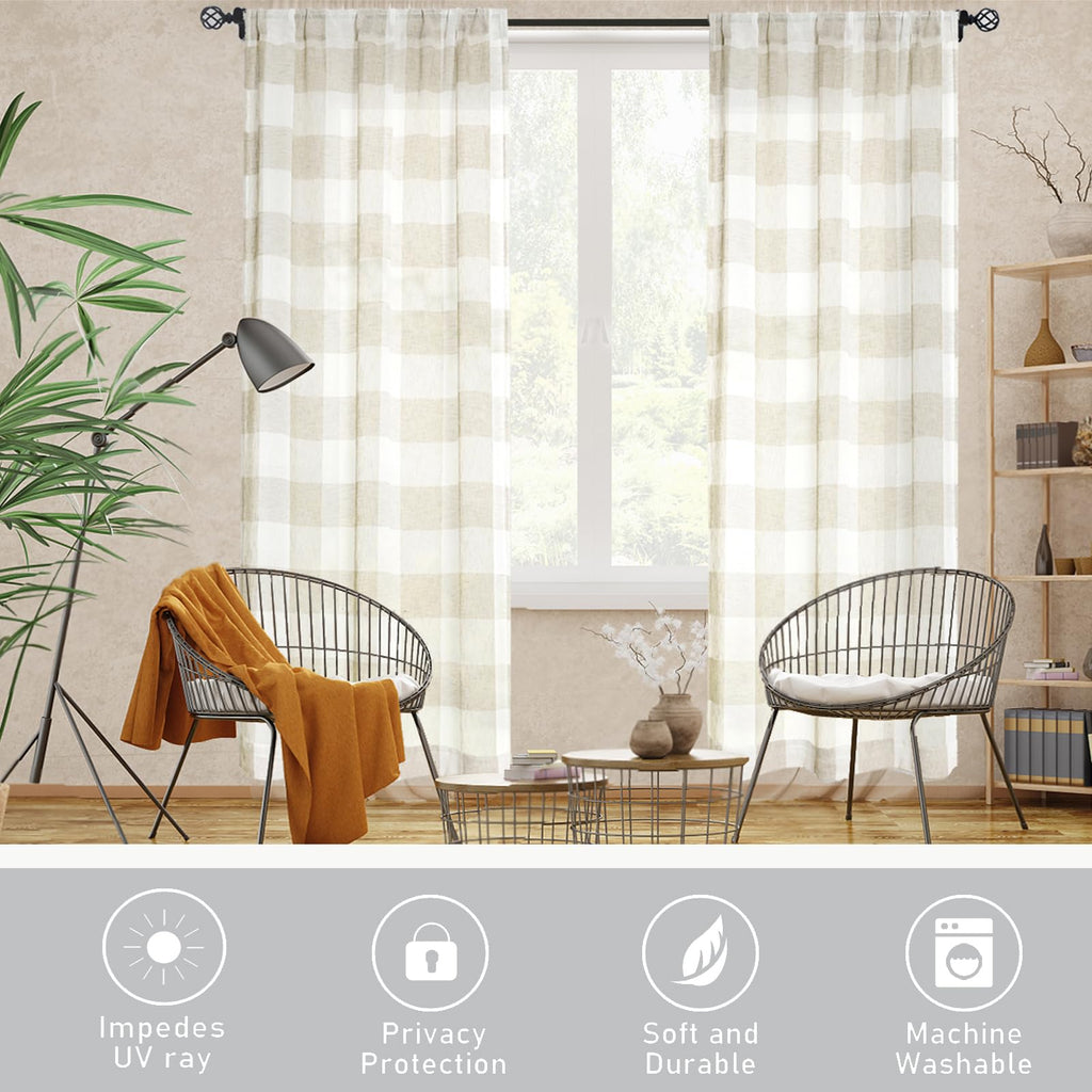 Tan White Buffalo Plaid Sheer Curtains for Farmhouse 54 Inch Long