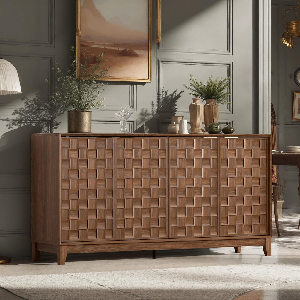 Fluted Sideboard Cabinet with Storage, Solid Wood Buffet , Credenza Console with Adjustable Shelves, Walnut Finish