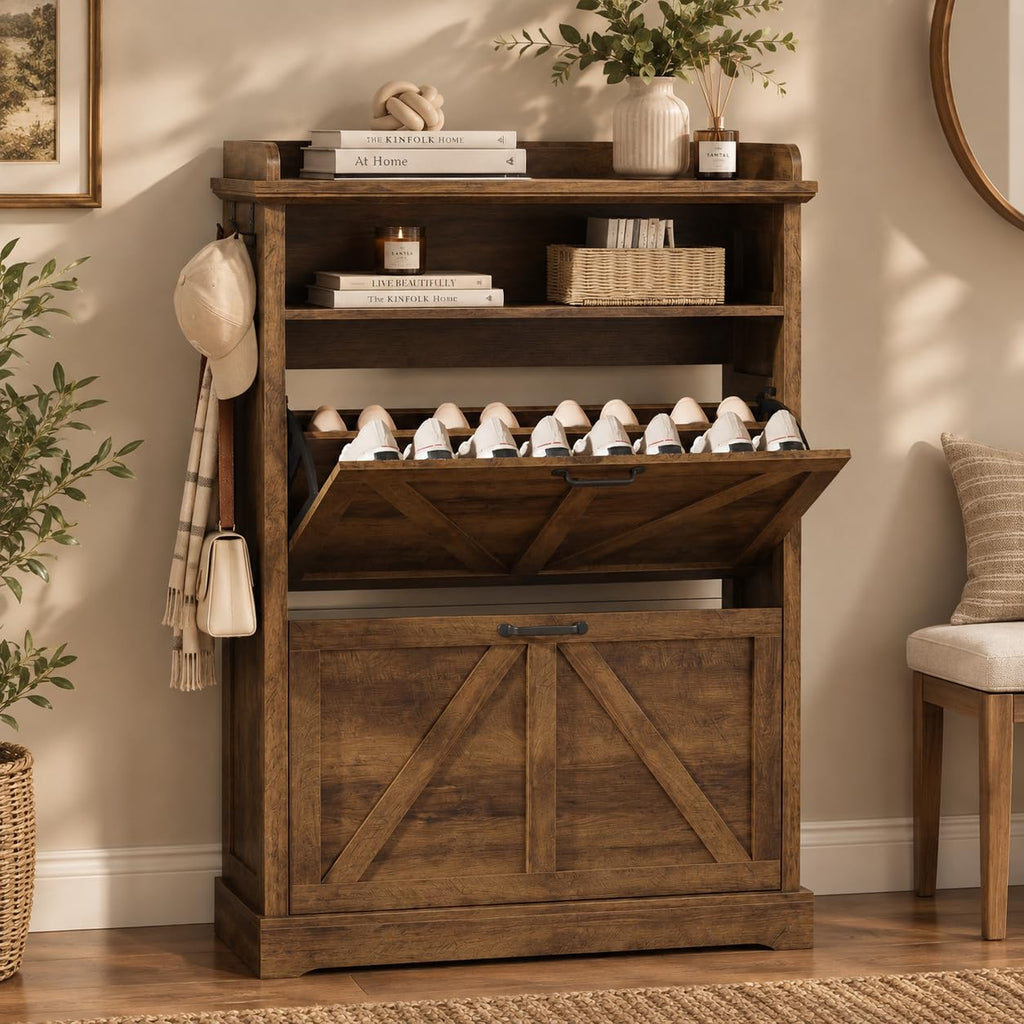 Farmhouse 31.5" W Shoe Cabinet with 2 Flip Drawers & Open Storage, Walnut
