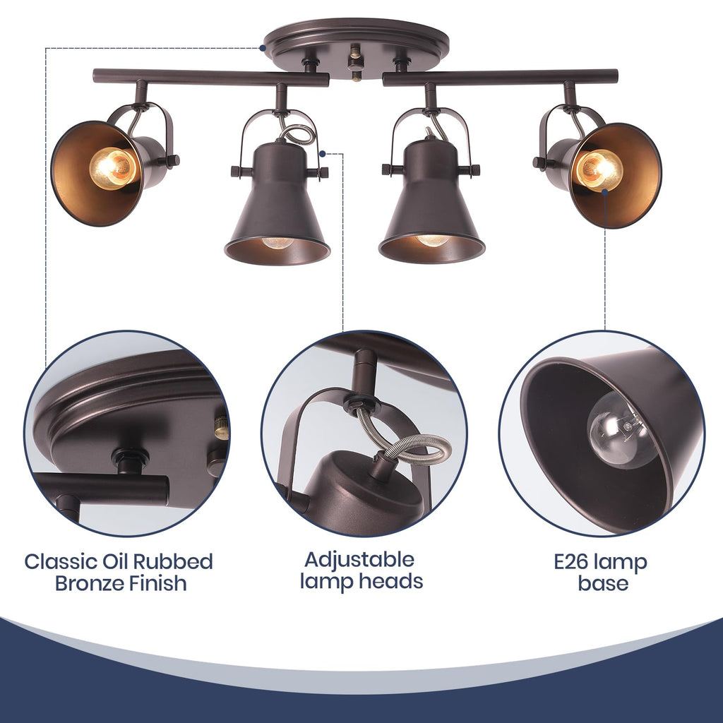 Brown Track Lighting Fixtures Ceiling, Directional Ceiling Spotlight with 4 Rotatable Heads, Modern