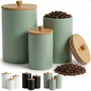 Ceramic Kitchen Canisters for Countertop w/ Airtight Bamboo Lids - Set of 3
