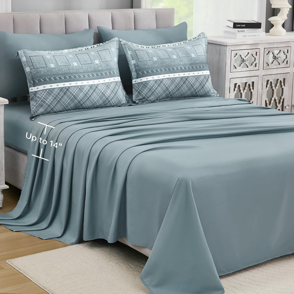 8 Piece Queen Size Comforter Set Blue Boho Bed Set