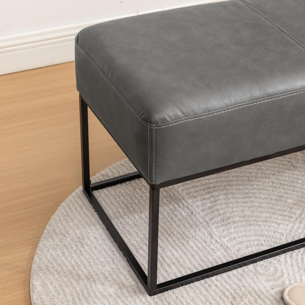 Leather Entryway Bench, Modern Long Leather Ottoman Bench Seat with Metal Frame, 47'' Upholstered Bedroom Bench