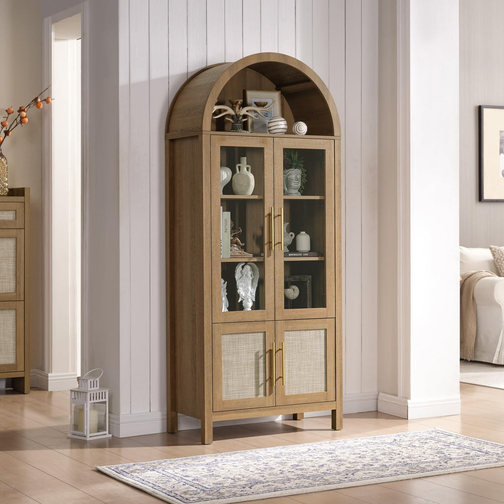 71" Tall Arched Display Cabinet, 5-Tier Bookshelf Modern Farmhouse Arched Bookcase with Glass Doors and Shelves