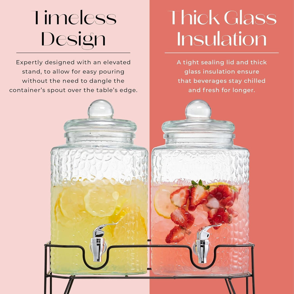 Glass Beverage Drink Dispenser w/Metal Stand, 1.5 Gal - Set of 2
