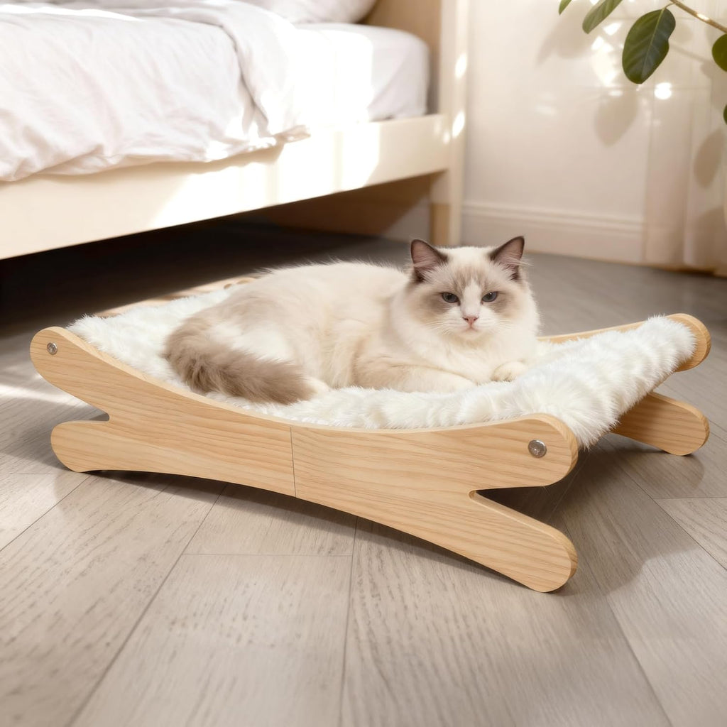 Plush Elevated Cat Bed - Cozy Raised Cat Hammock with Solid Wood Frame, Soft Furry Cushion for Indoor Cats & Small