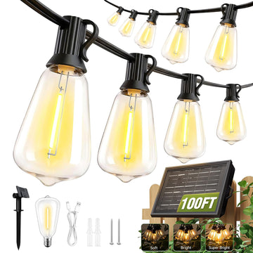Solar String Lights Outdoor Waterproof with Remote & Timer, LED Shatterproof ST38 Bulbs, USB & Solar Powered
