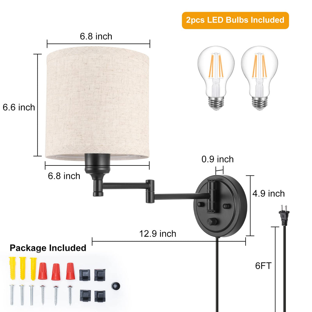 Dimmable Plug in Wall Sconces, Swing Arm Wall Lamp, Wall Sconces Set of Two, Plug in Wall Light, Sconces Wall Decor