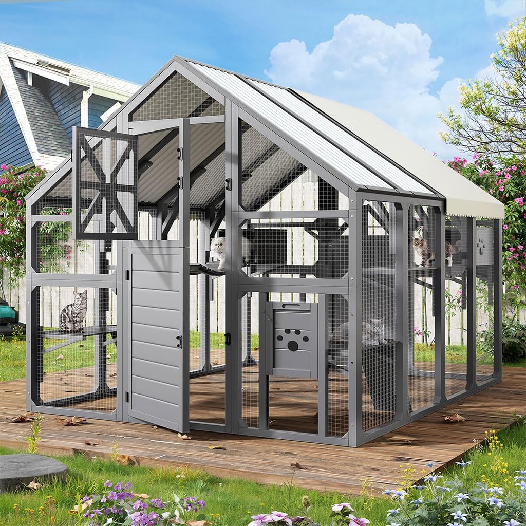 Extra Large Outdoor Catio Cat Enclosure 94.5" Walk-in Cat House with Platforms, Bridges & Ramps, Wooden Cat Run