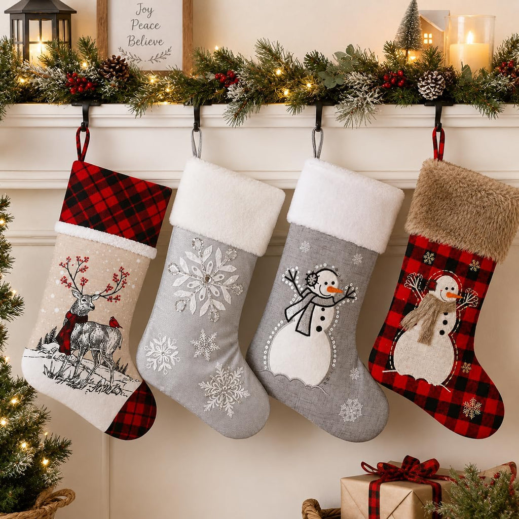 18" Silver Snowflake Christmas Stocking, Elegant Sequin Embroidery with Faux Fur Trim, Sophisticated Holiday Mantel