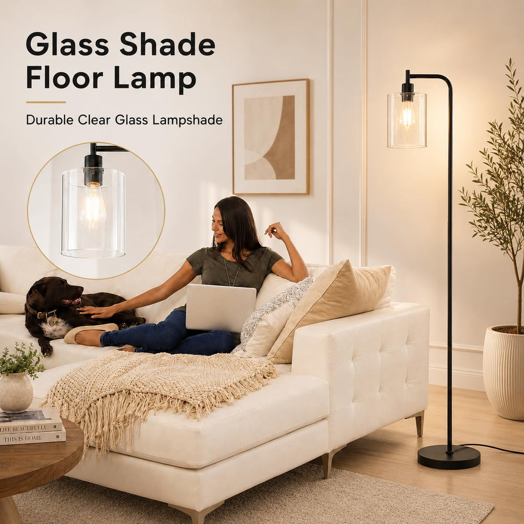 Industrial Floor Lamp with Glass Shade, LED Bulbs Included