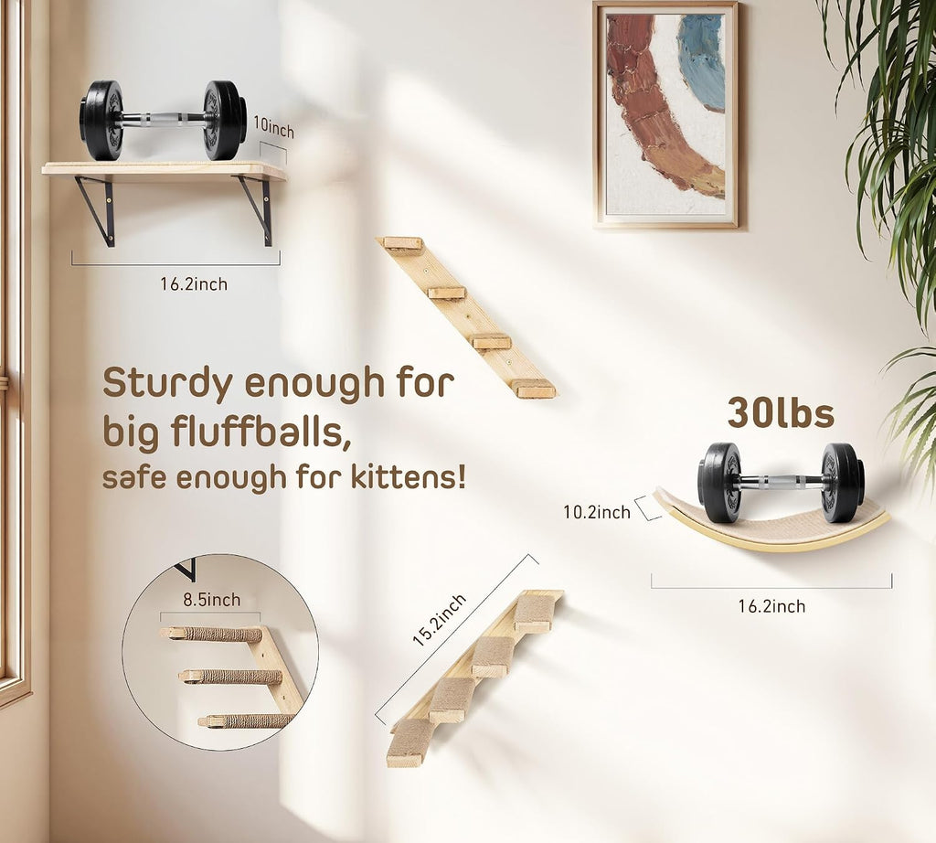 Cat Wall Shelves Set with Sisal Cats Stairs, 4 Piece Wooden Climbing Furniture with Scratchable Curved Bed, Flat