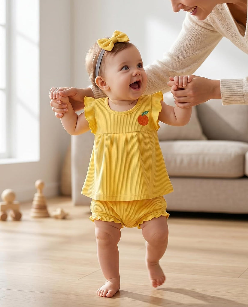 Newborn Baby Girl Summer Clothes 3 Piece Cotton Top and Bloomer Shorts Clothing Set