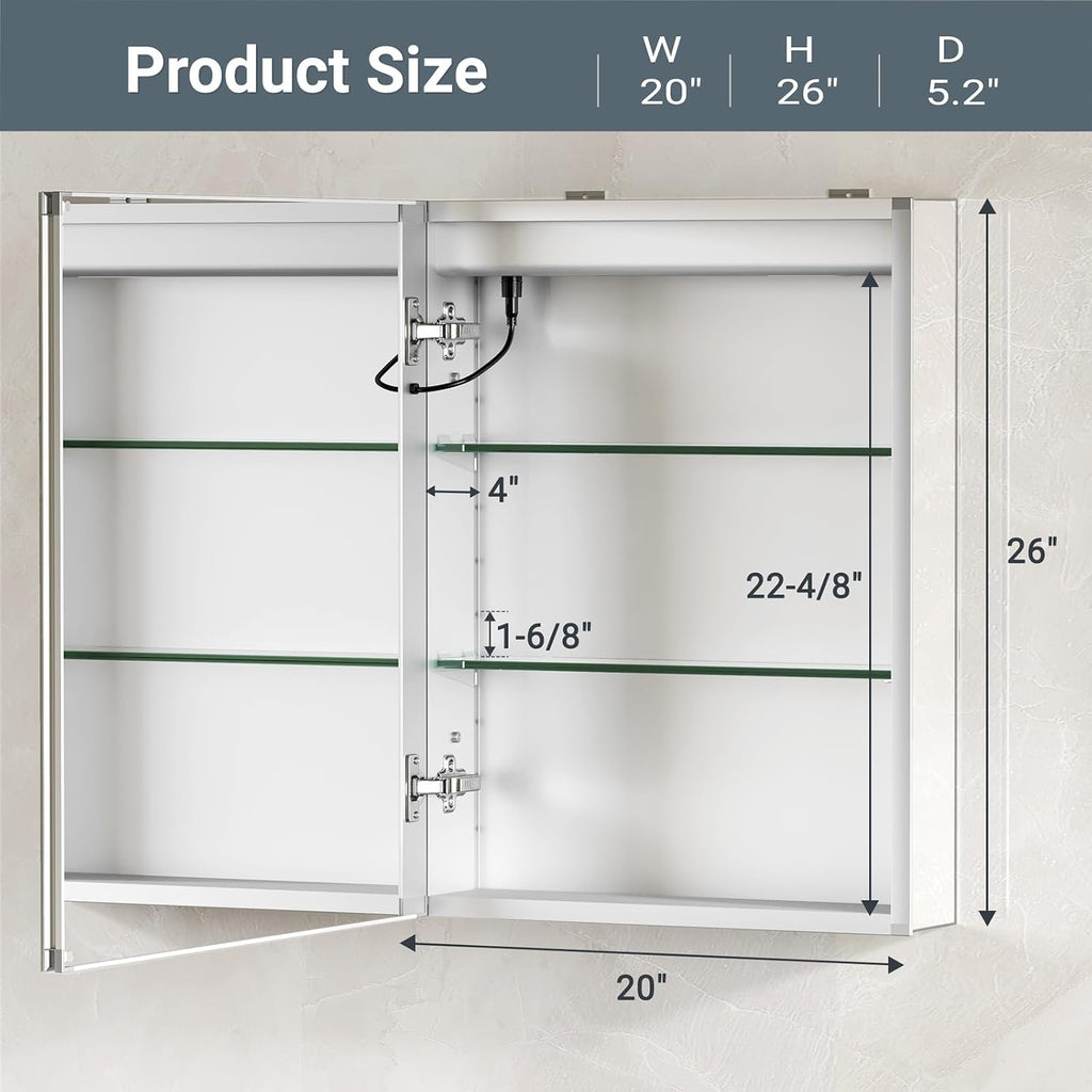 Lighted Medicine Cabinet with Mirror, Plug-in or Hardwired, Anti-Fog/3 Colors/Dimmable, AL Alloy, 2 Outlets & USBs
