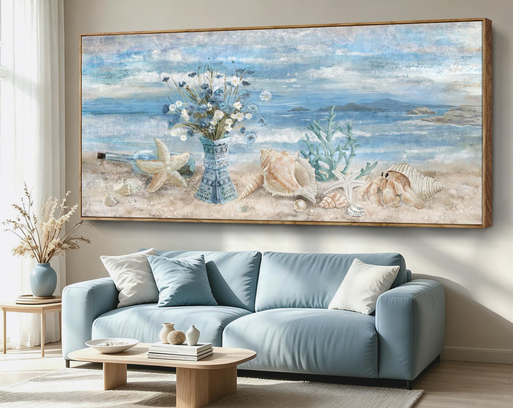 Oversized Blue Ocean Framed Wall Art Boho Canvas Print 86x39inch